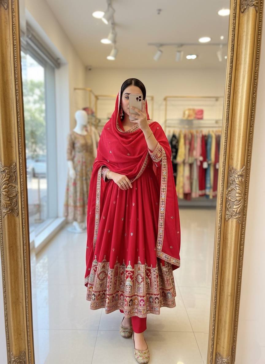 Designer Cinon Silk Embroidered Gown Pant Dupatta Set