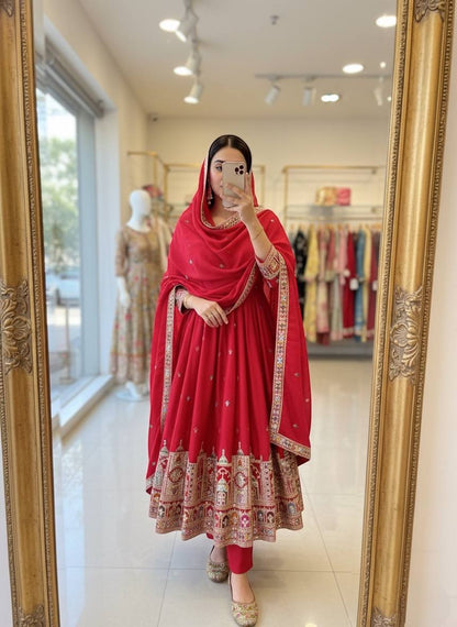 Designer Cinon Silk Embroidered Gown Pant Dupatta Set
