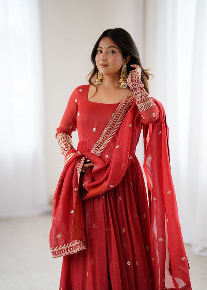 Premium Crunchy Silk Rust Anarkali With Dupatta