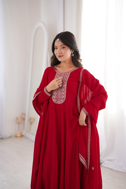 Premium Dark Red Vichitra Silk Embroidered Anarkali Gown with Dupatta