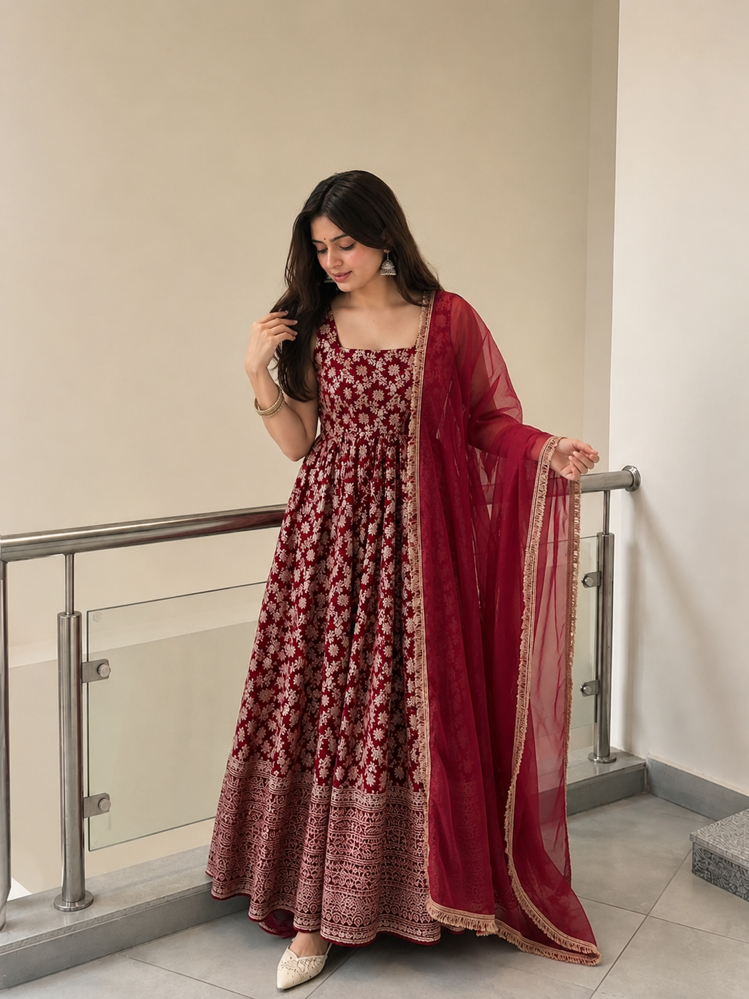 Royal Chanderi Anarkali Set – Thread & Sequence Elegance