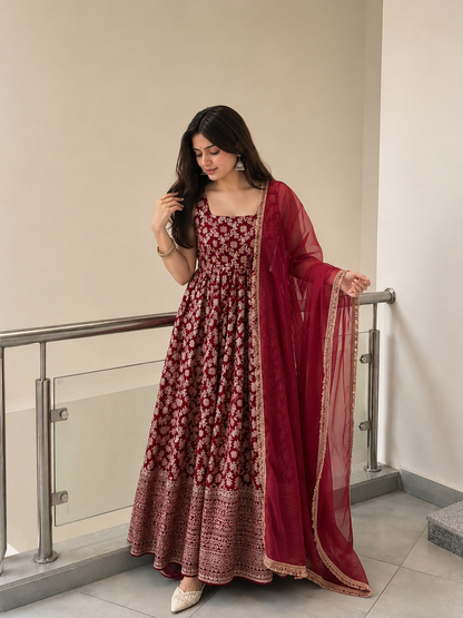 Royal Chanderi Anarkali Set – Thread & Sequence Elegance