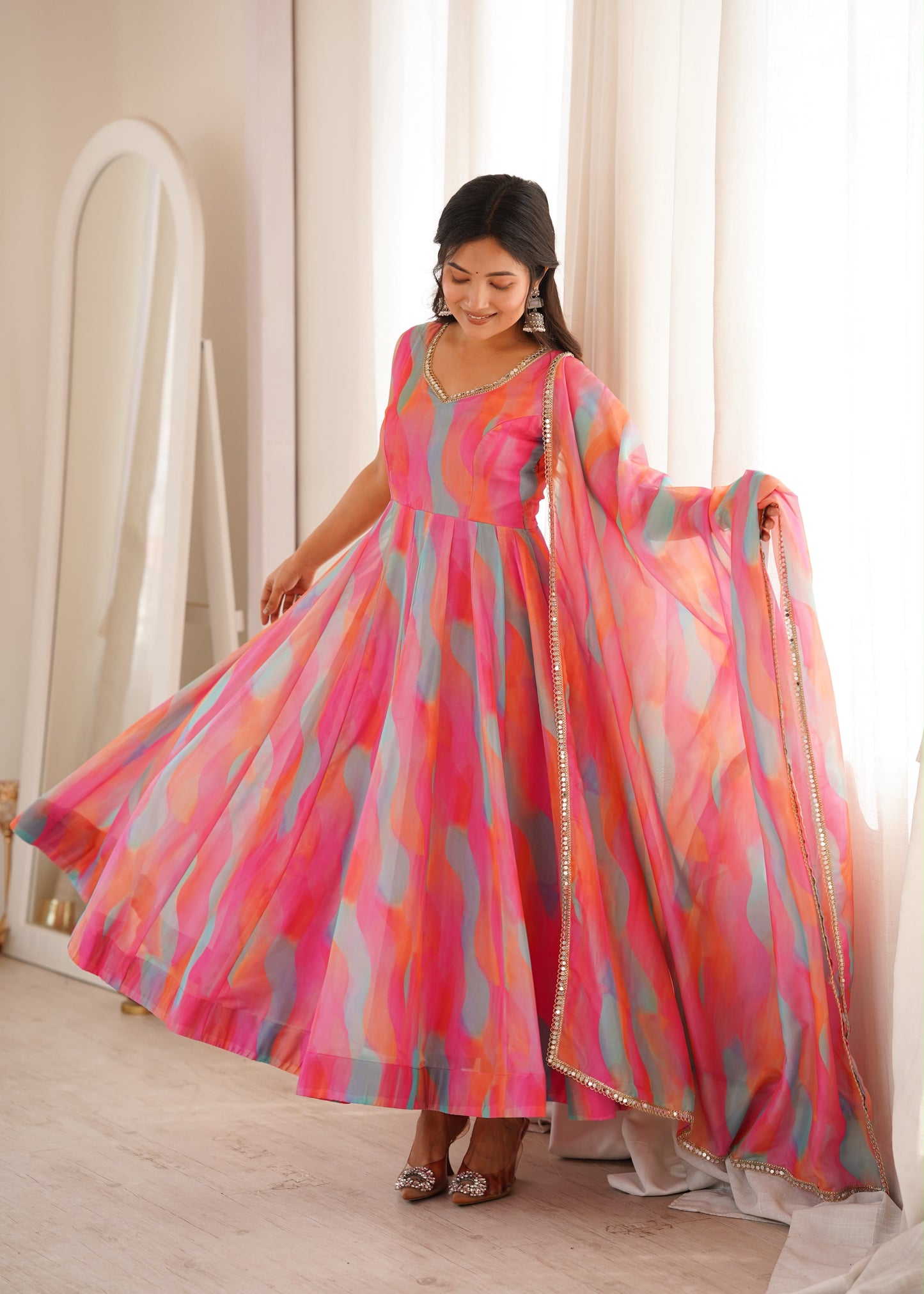 Golden Grace Gown Set – Mirror Lace Ethnic Wear