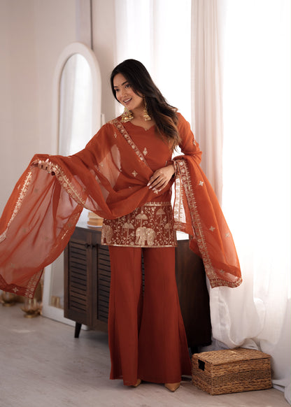 Crunchy Silk Bell Bottom Set – Embroidered Elegance