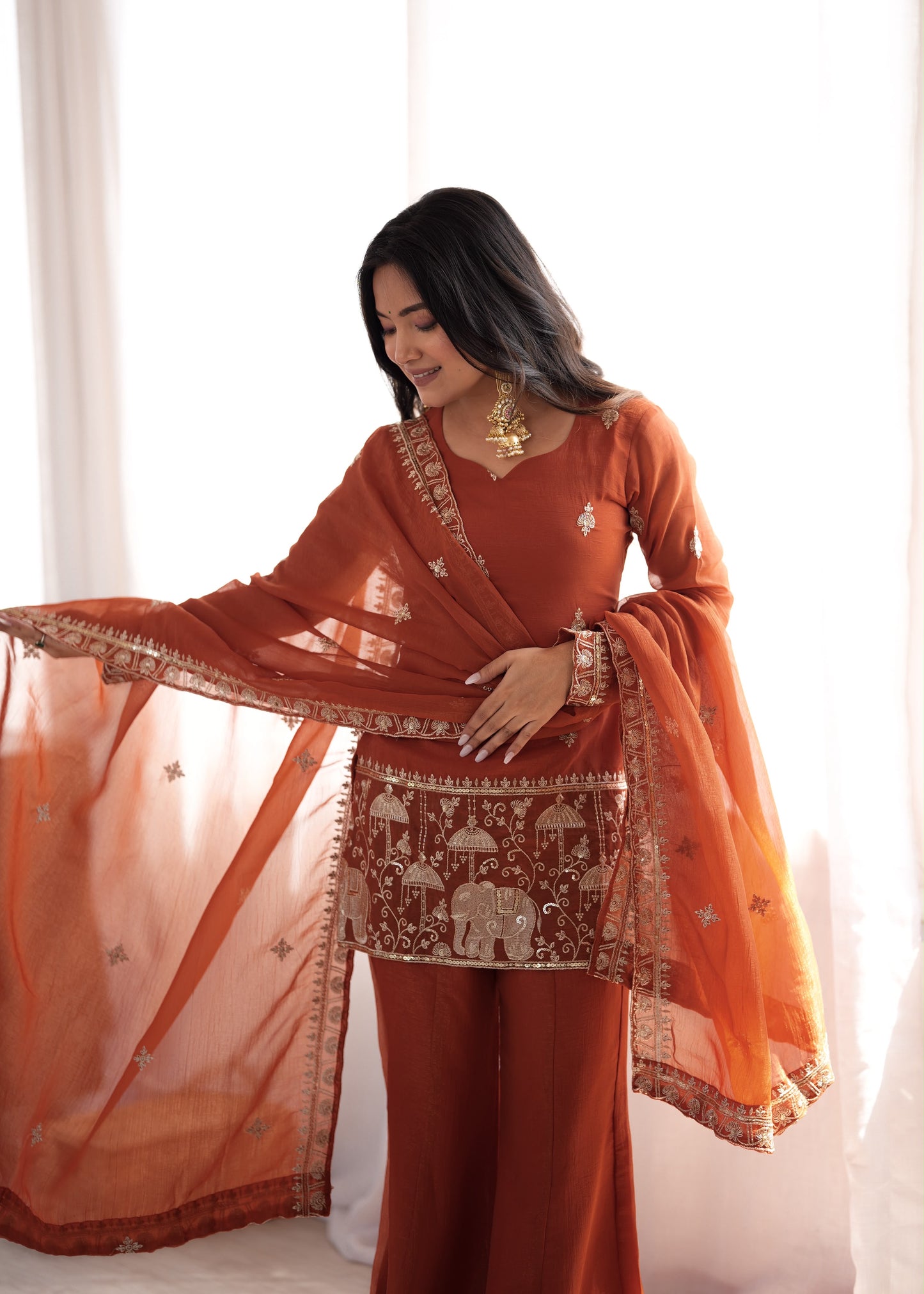 Crunchy Silk Bell Bottom Set – Embroidered Elegance