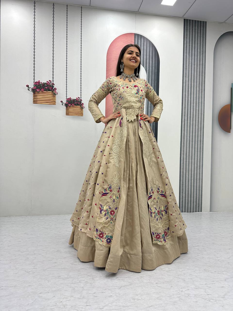 Elegant shrug with stylish crop top With Lehenga