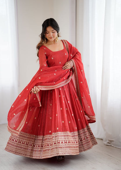 Premium Crunchy Silk Rust Anarkali With Dupatta