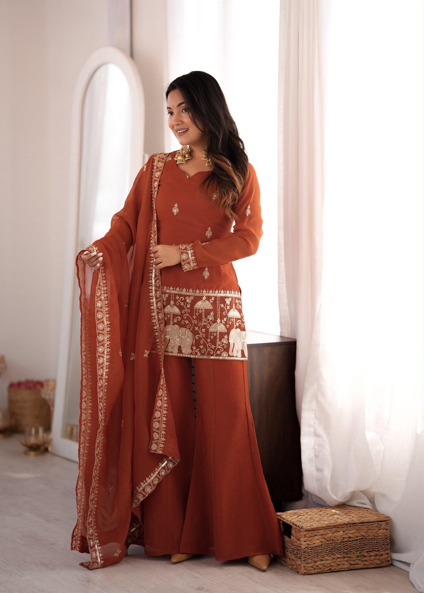 Crunchy Silk Bell Bottom Set – Embroidered Elegance