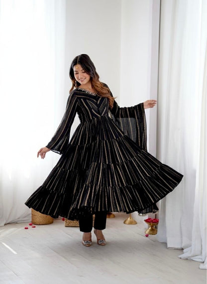 Mal Chanderi Ruffle Gown Set With Mirror Handwork Dupatta