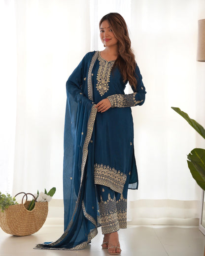 Pure Chinon Silk Embroidered Kurta Set with Dupatta & Trouser