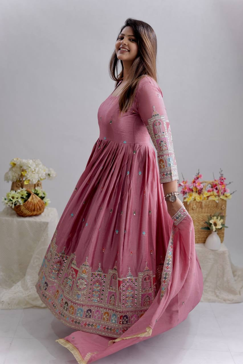 Designer Cinon Silk Embroidered Gown Pant Dupatta Set