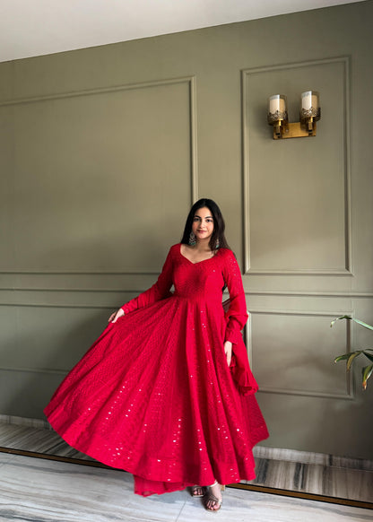 Red Lucknowi Chikankari Set