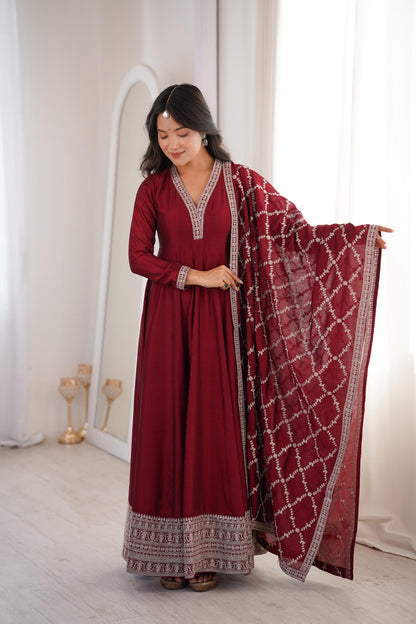 Premium Blooming Vichitra Silk Anarkali Gown Set with Dupatta