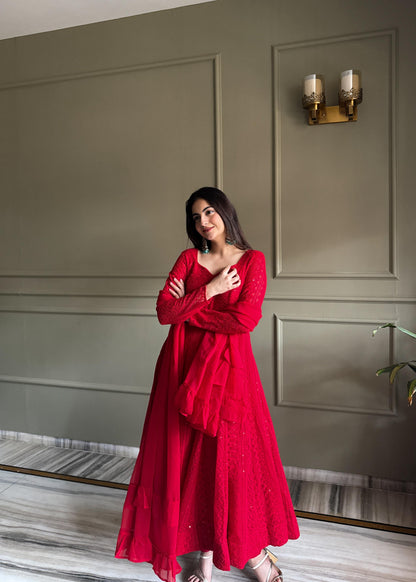 Red Lucknowi Chikankari Set