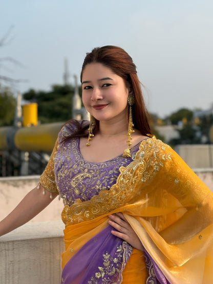 Designer Mango Zari Saree with Stitched Blouse