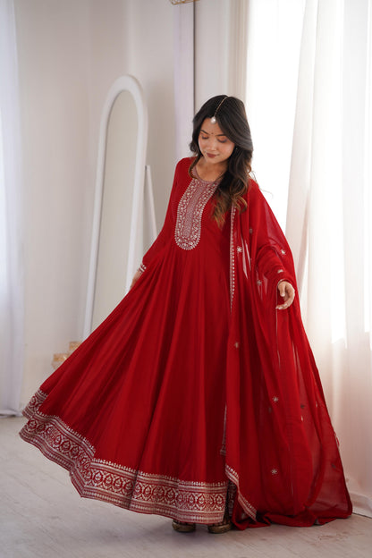 Premium Dark Red Vichitra Silk Embroidered Anarkali Gown with Dupatta