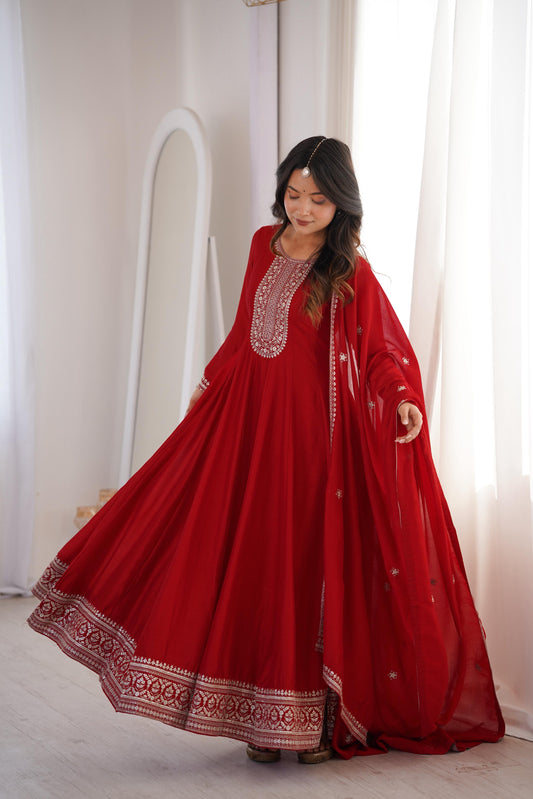 Premium Dark Red Vichitra Silk Embroidered Anarkali Gown with Dupatta