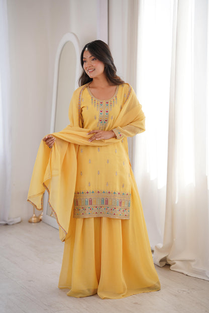 Pure Soft Crunchy Silk Sharara Set with Multicolor Embroidery