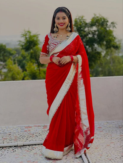 Premium Hand Charkhi Gotta Patti Saree With Stitch Blouse
