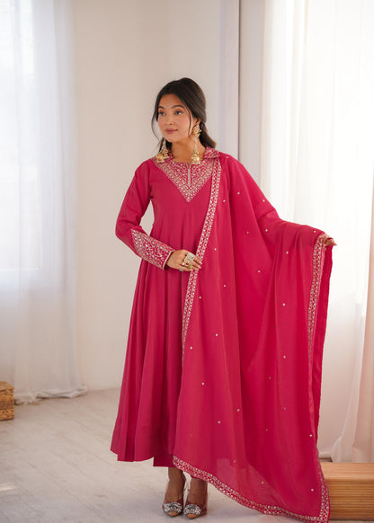 Premium Roman Shimmer Silk Anarkali Set with Dupatta & Pant