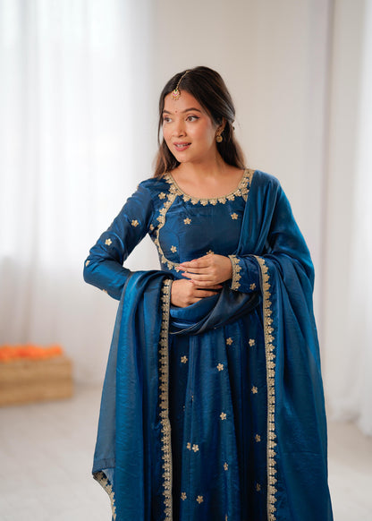 Designer Fandy Silk Gown Set with Dupatta & Pant
