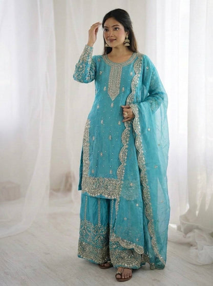 Premium Fndy Silk Sequence Work Kurta Palazzo Set