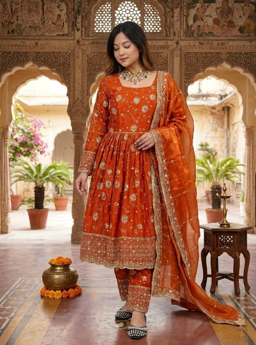 Royal Fendy Silk Gown Set – Sequins Embroidered Elegance