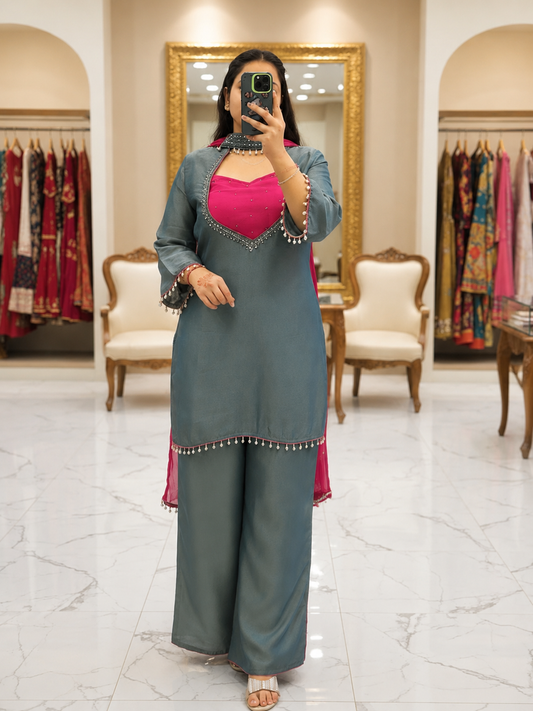 Boutique Luxe Palazzo Set – Pearl & Mirror Designer Wear