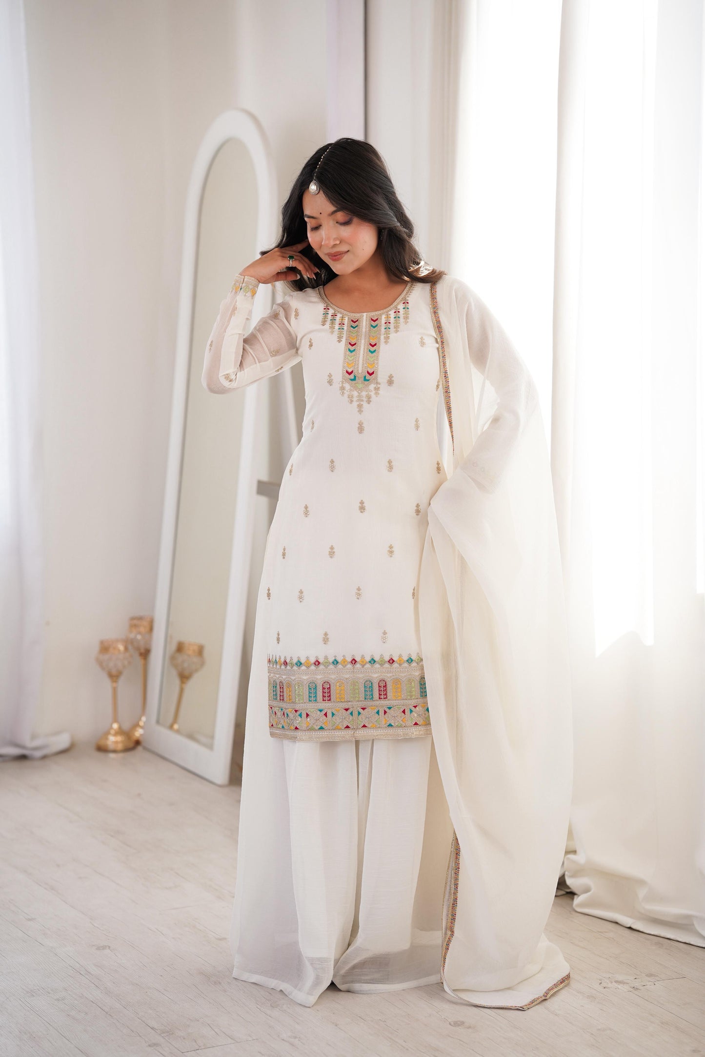 Pure Soft Crunchy Silk Sharara Set with Multicolor Embroidery