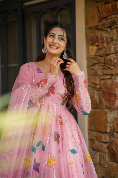 Floral Embroidered Gown Sharara Set – Star Georgette Designer Wear