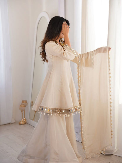 Premium Chinon Mirror Work Palazzo Set With Kodi Lace Dupatta