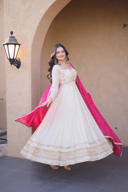 Mirror Work Gown Set – Cosmos Fabric with Designer Dupatta