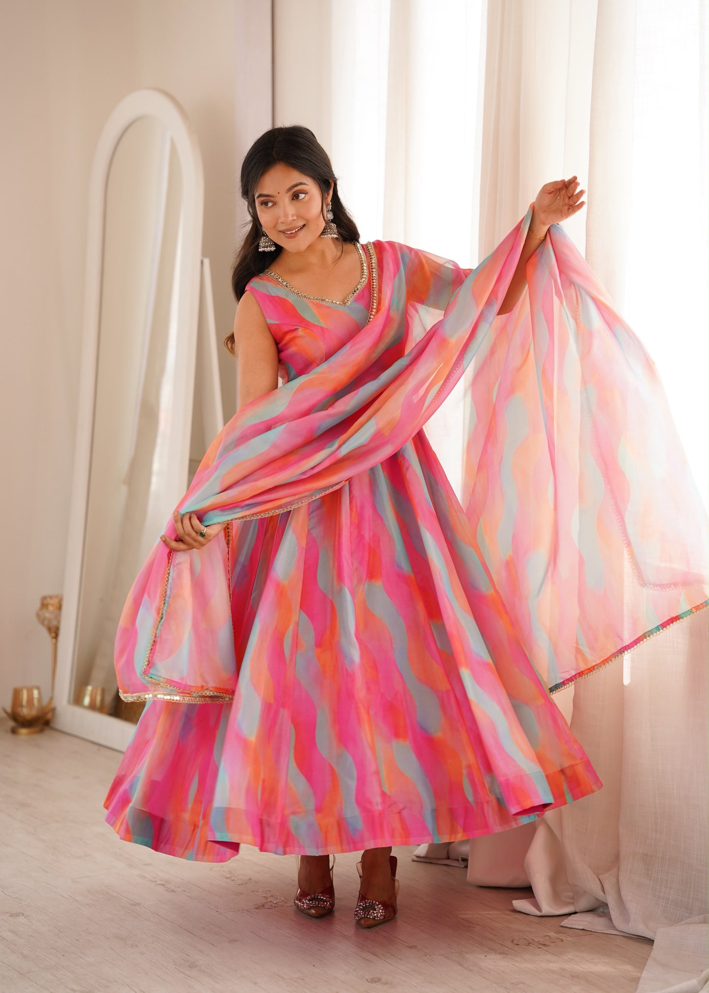 Golden Grace Gown Set – Mirror Lace Ethnic Wear