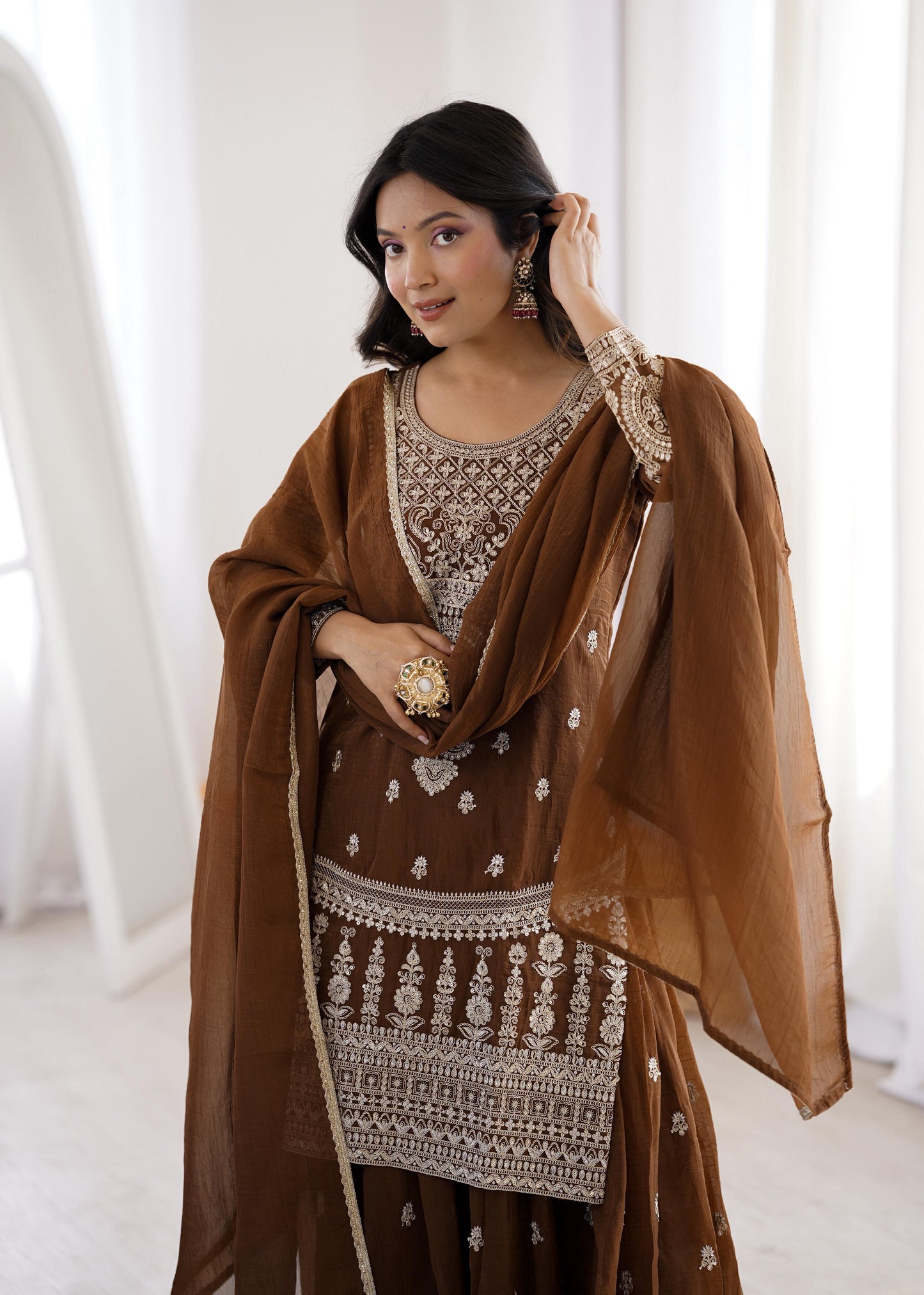Premium Crunchy Silk Sharara Set with Embroidery Work