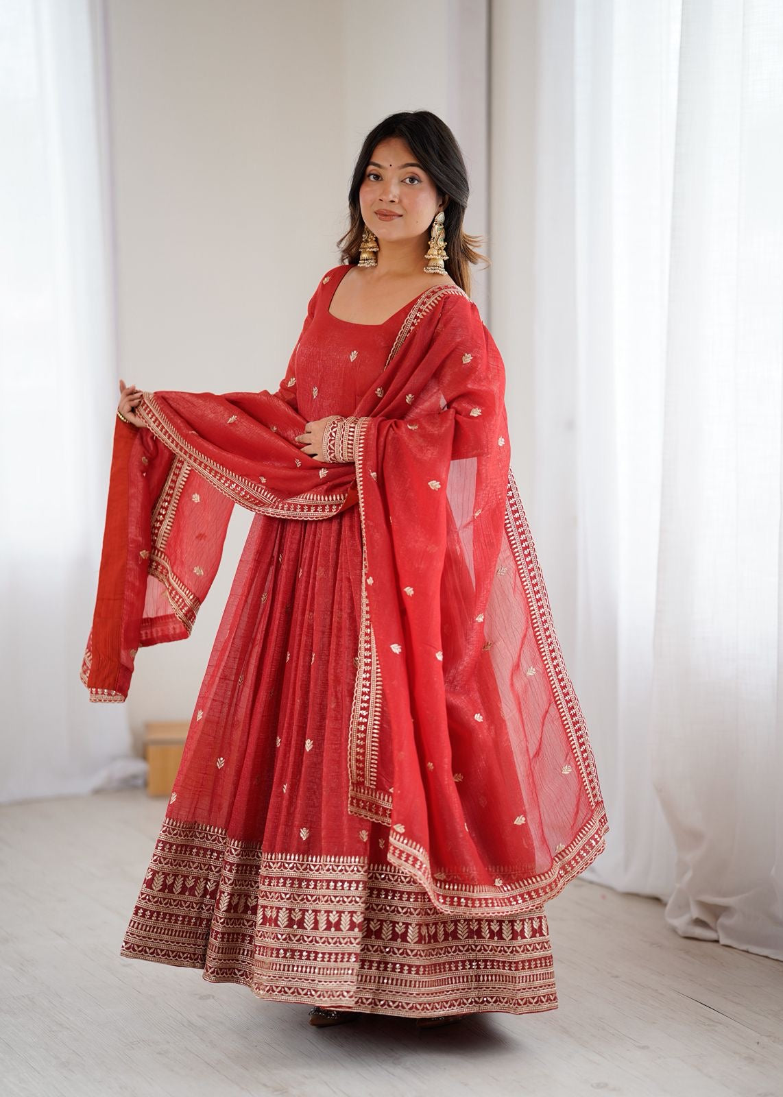 Premium Crunchy Silk Rust Anarkali With Dupatta