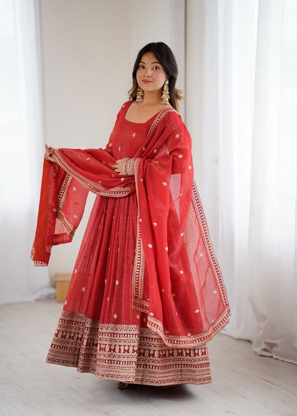 Premium Crunchy Silk Rust Anarkali With Dupatta