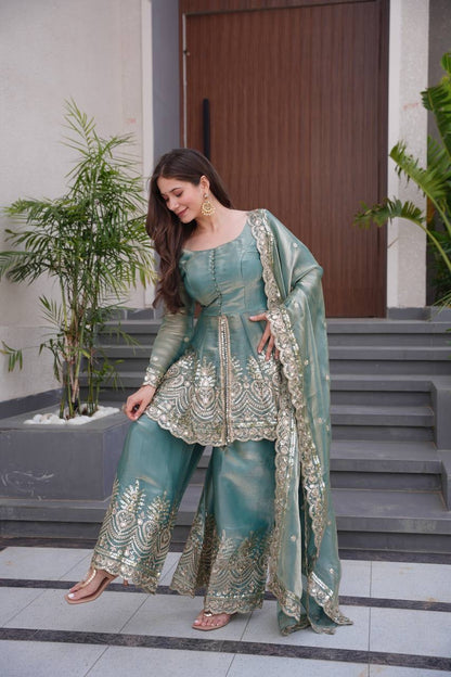 Fendy Satin Silk Gown Sharara Set with Mirror Work |