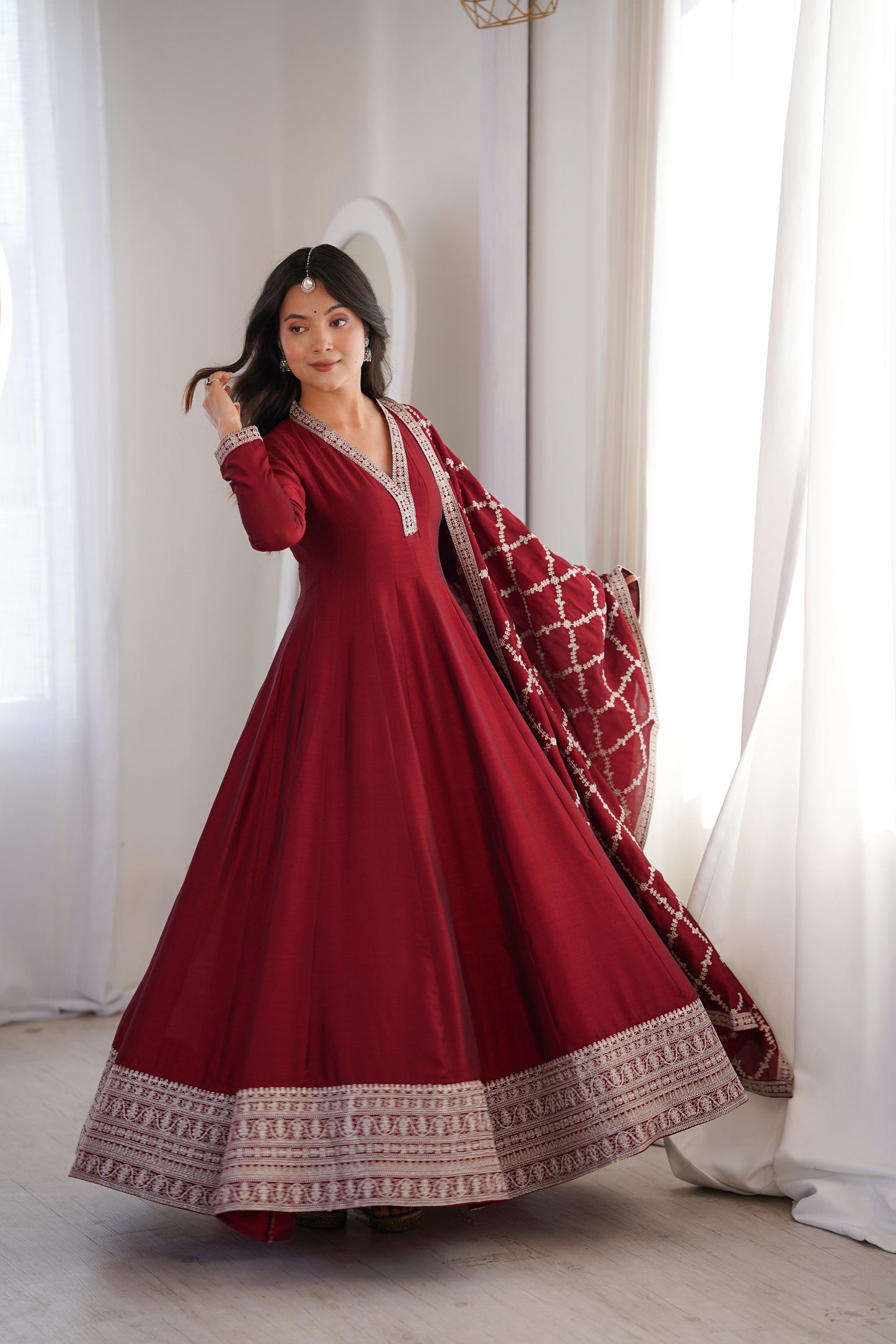 Premium Blooming Vichitra Silk Anarkali Gown Set with Dupatta