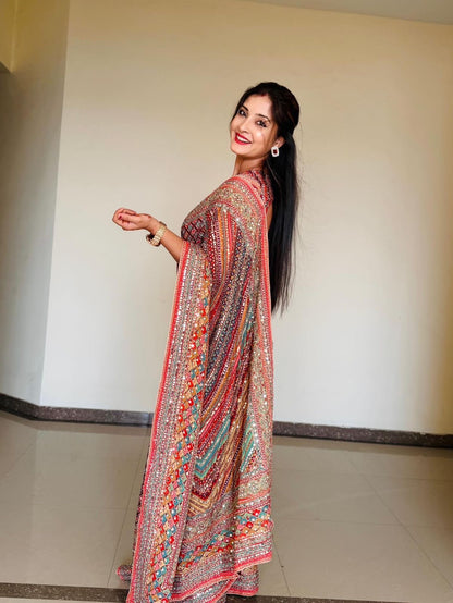 Mirror Shine Saree – Chinnon Print with Zari & Diamond Work