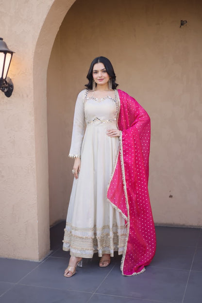 Mirror Work Gown Set – Cosmos Fabric with Designer Dupatta