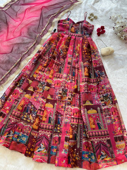 Gulnaar Digital Print Flared Anarkali Set