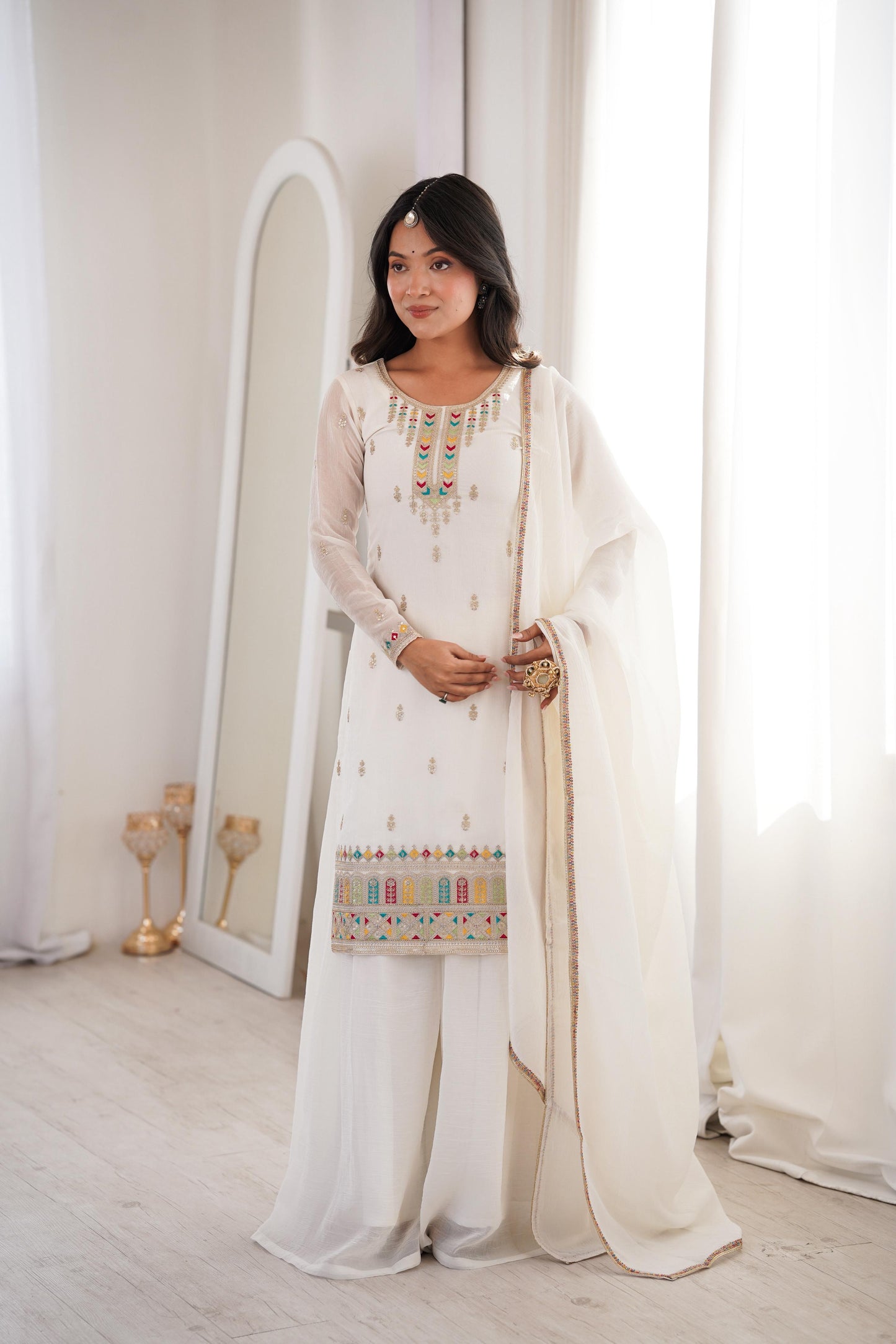 Pure Soft Crunchy Silk Sharara Set with Multicolor Embroidery