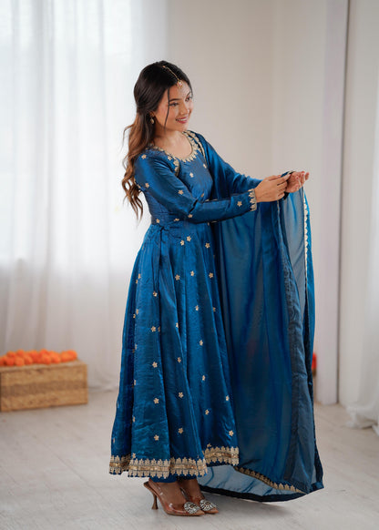 Designer Fandy Silk Gown Set with Dupatta & Pant