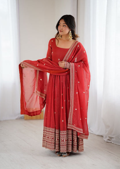 Premium Crunchy Silk Rust Anarkali With Dupatta