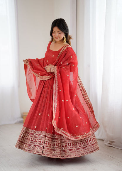 Premium Crunchy Silk Rust Anarkali With Dupatta