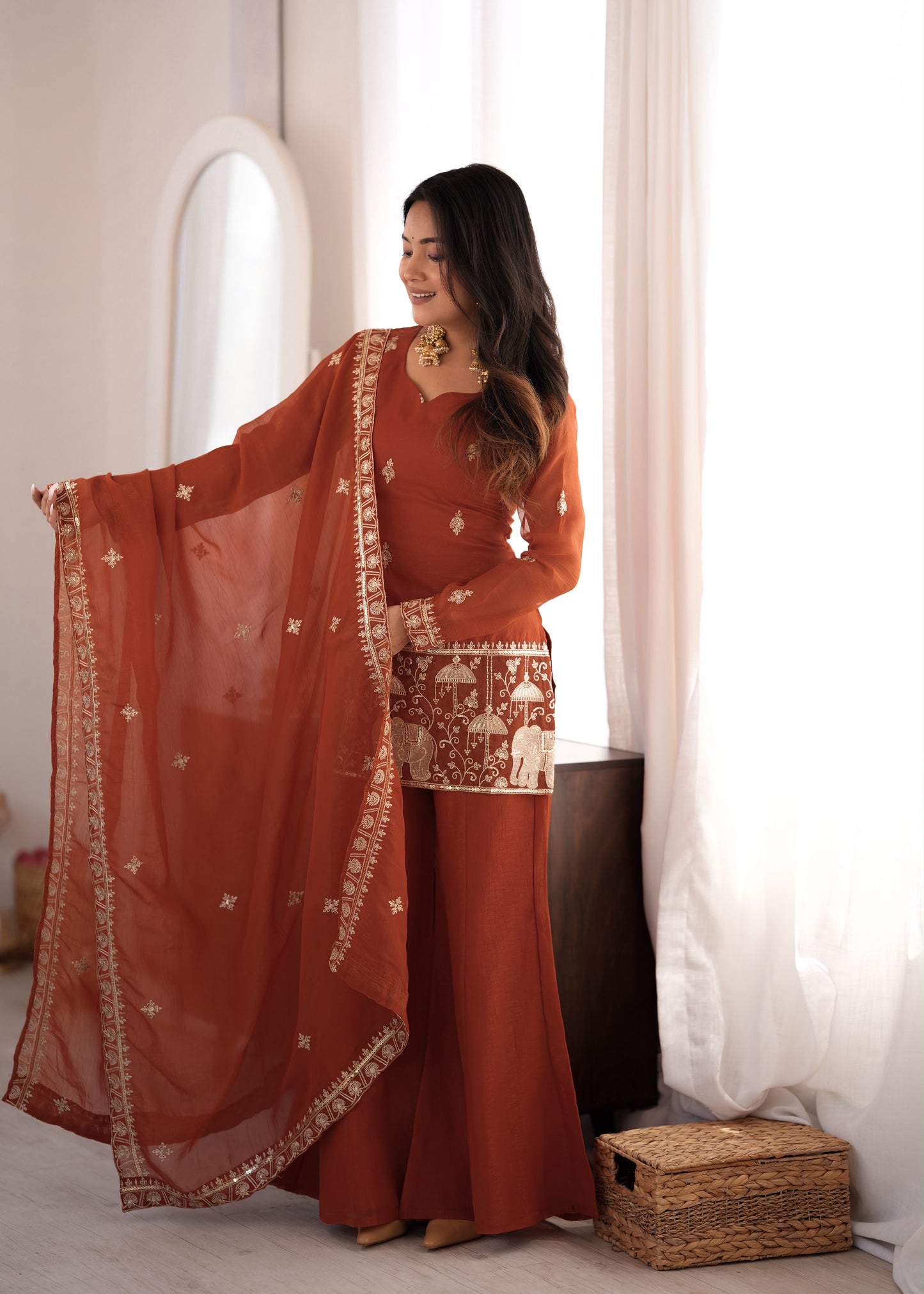Crunchy Silk Bell Bottom Set – Embroidered Elegance