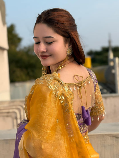 Designer Mango Zari Saree with Stitched Blouse