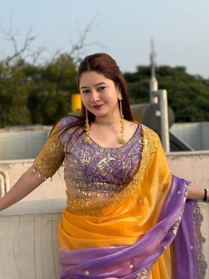 Designer Mango Zari Saree with Stitched Blouse