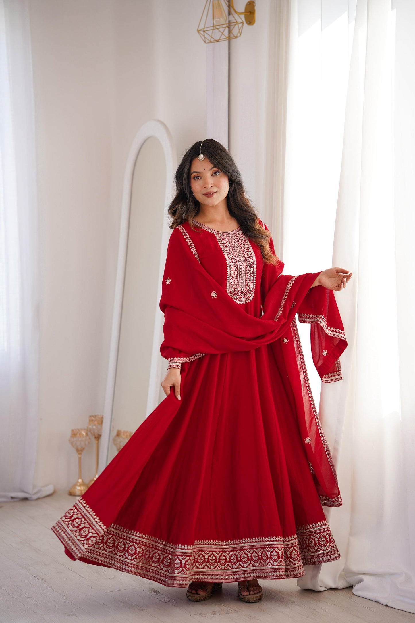 Premium Dark Red Vichitra Silk Embroidered Anarkali Gown with Dupatta