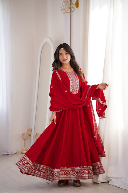 Premium Dark Red Vichitra Silk Embroidered Anarkali Gown with Dupatta